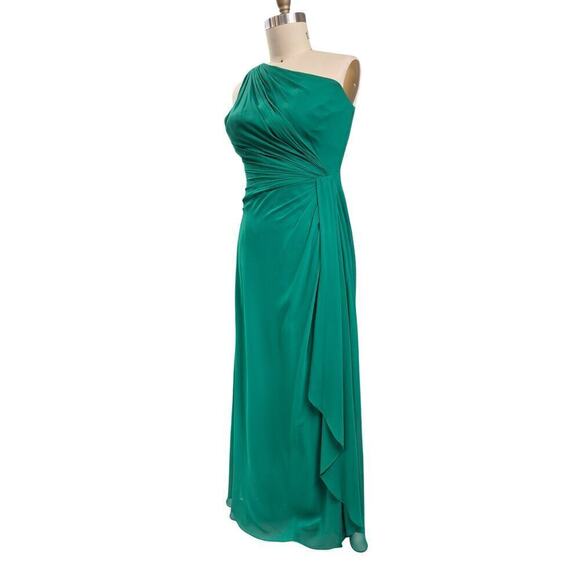 LRL Ralph Lauren Evening Emerald Green One Shoulder Gown Ruched  10P VTG Glamour - Picture 2 of 6